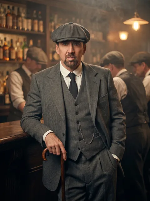 Nicolas Cage — 1920s smoky bar flat cap and tweed portrait, AI-generated