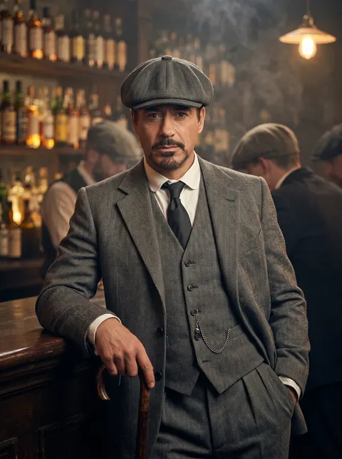 Robert Downey Jr — 1920s smoky bar flat cap and tweed portrait, AI-generated