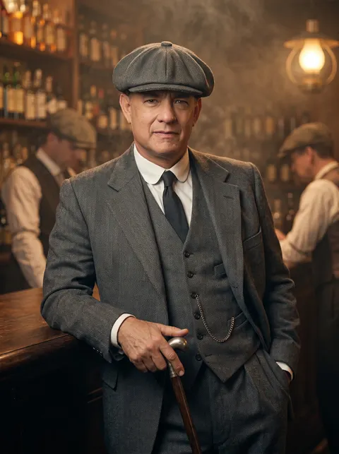 Tom Hanks — 1920s smoky bar flat cap and tweed portrait, AI-generated