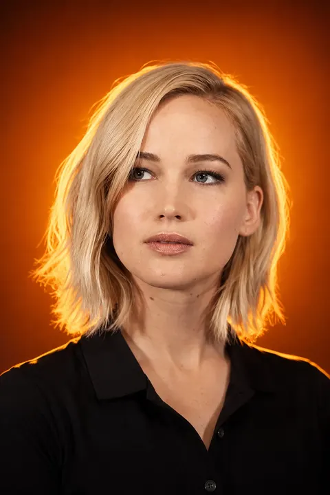 Jennifer Lawrence — backlit orange halo poster, AI-generated portrait