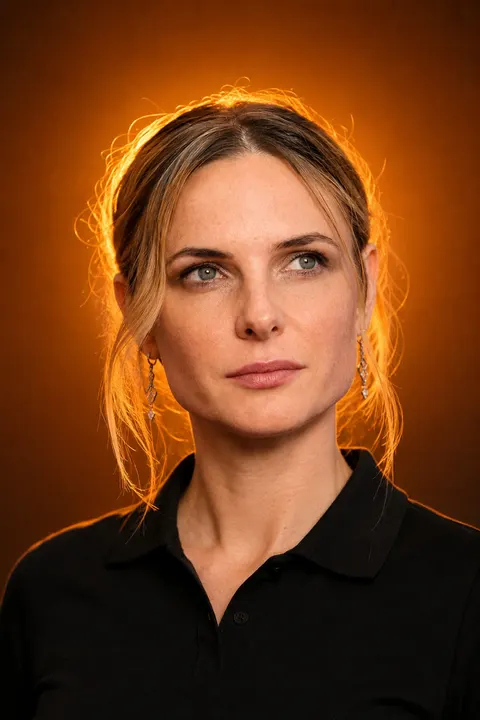 Rebecca Ferguson — backlit orange halo poster, AI-generated portrait