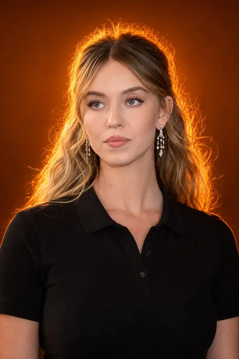 Sydney Sweeney — backlit orange halo poster, AI-generated portrait