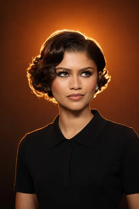Zendaya — backlit orange halo poster, AI-generated portrait