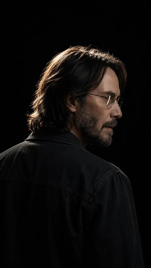 Keanu Reeves — backlit over-the-shoulder portrait, AI-generated