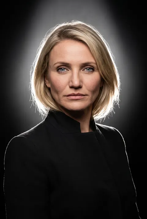 Cameron Diaz — backlit rim-glow low-key portrait, AI-generated