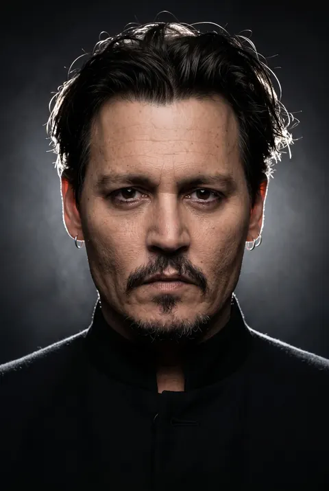 Johnny Depp — backlit rim-glow low-key portrait, AI-generated