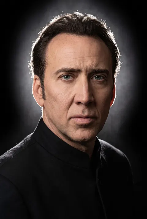 Nicolas Cage — backlit rim-glow low-key portrait, AI-generated