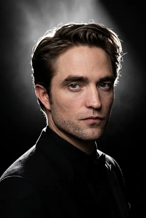 Robert Pattinson — backlit rim-glow low-key portrait, AI-generated