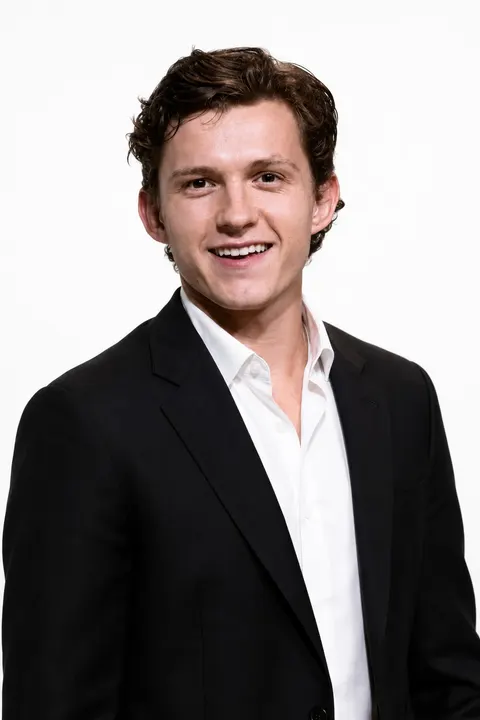 Tom Holland — black suit on white studio portrait, AI-generated