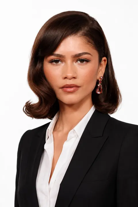 Zendaya — black suit on white studio portrait, AI-generated