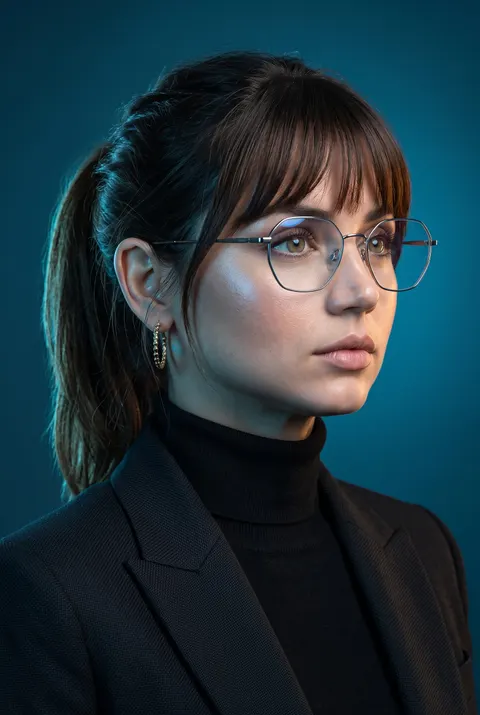 Ana de Armas — cool blue tech portrait with amber kicker, AI-generated
