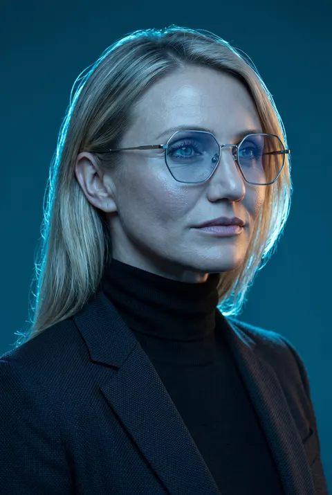 Cameron Diaz — cool blue tech portrait with amber kicker, AI-generated