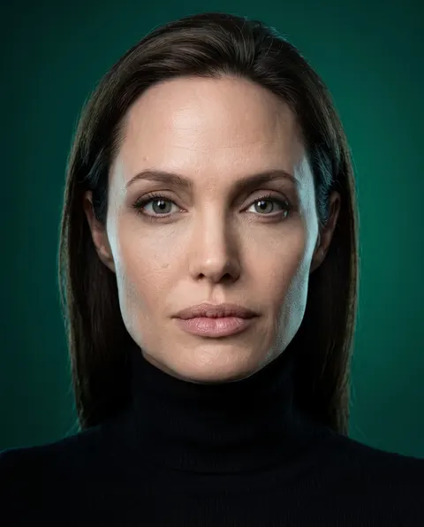 Angelina Jolie — emerald chiaroscuro turtleneck portrait, AI-generated