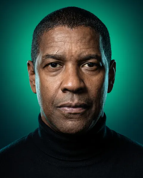 Denzel Washington — emerald chiaroscuro turtleneck portrait, AI-generated