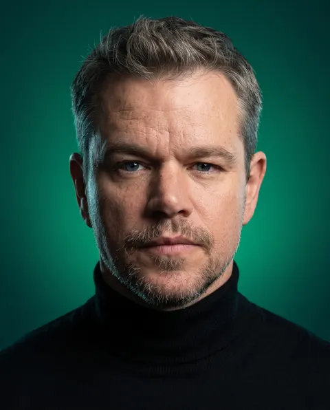 Matt Damon — emerald chiaroscuro turtleneck portrait, AI-generated