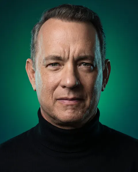 Tom Hanks — emerald chiaroscuro turtleneck portrait, AI-generated