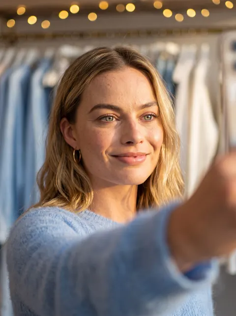 Margot Robbie — golden-hour boutique selfie, AI-generated