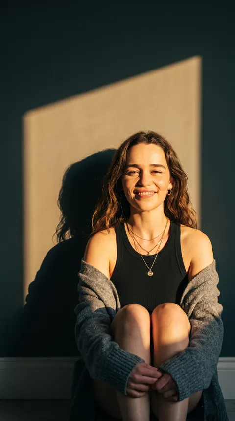 Emilia Clarke — golden window light floor portrait, AI-generated