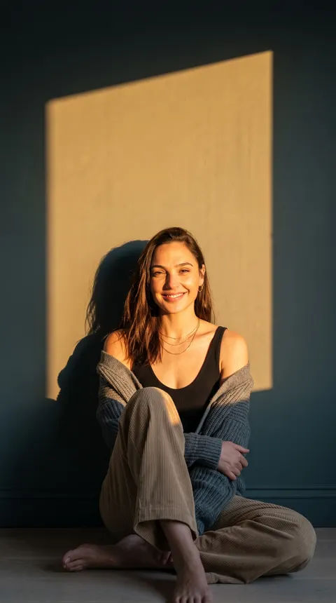 Gal Gadot — golden window light floor portrait, AI-generated