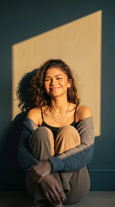 Zendaya — golden window light floor portrait, AI-generated