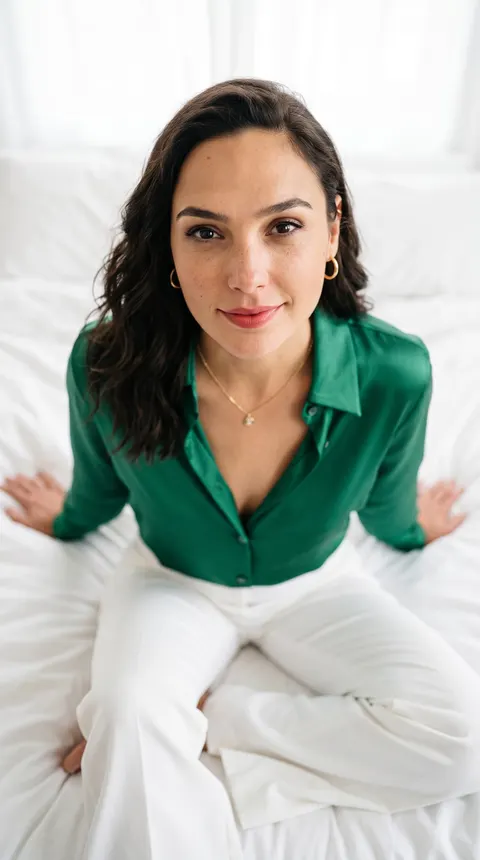 Gal Gadot — high-angle emerald satin portrait, AI-generated