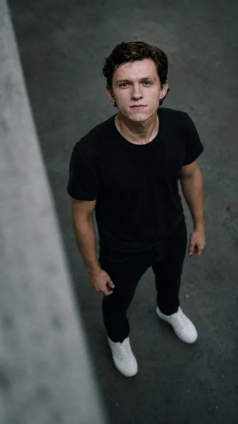 Tom Holland — high-angle looking-up moody portrait, AI-generated