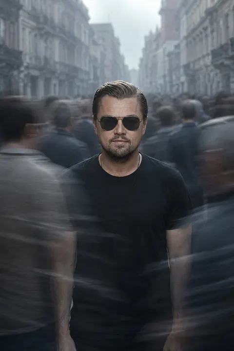 Leonardo DiCaprio — still subject in a moving crowd, AI-generated portrait