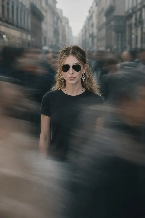 Sydney Sweeney — still subject in a moving crowd, AI-generated portrait