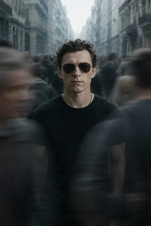 Tom Holland — still subject in a moving crowd, AI-generated portrait
