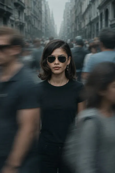 Zendaya — still subject in a moving crowd, AI-generated portrait