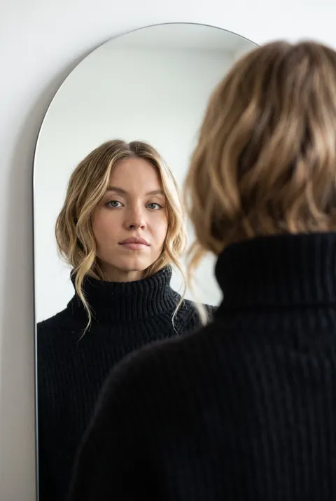 Sydney Sweeney — mirror-gaze editorial portrait, AI-generated