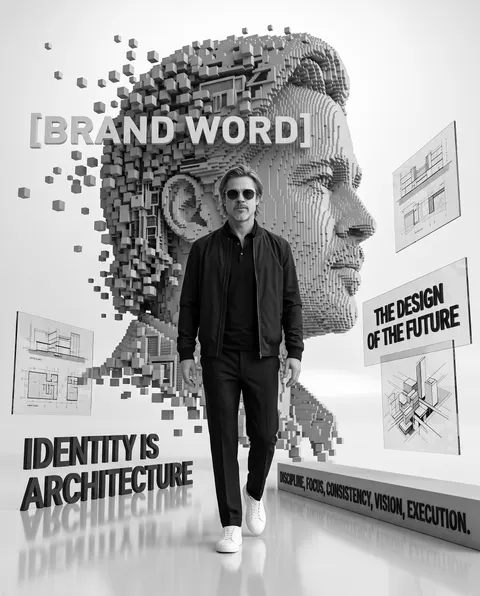 Brad Pitt — monochrome futurist voxel monument portrait, AI-generated