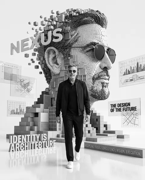 George Clooney — monochrome futurist voxel monument portrait, AI-generated
