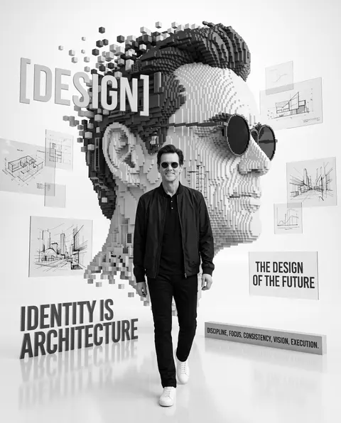 Jim Carrey — monochrome futurist voxel monument portrait, AI-generated