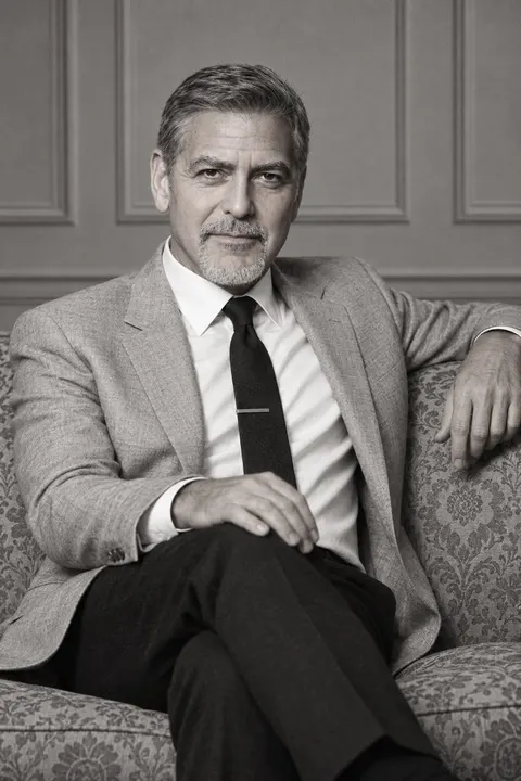 George Clooney — monochrome seated portrait on a vintage sofa, AI-generated