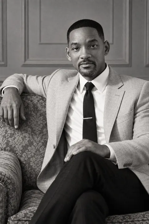 Will Smith — monochrome seated portrait on a vintage sofa, AI-generated