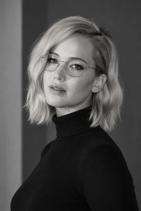 Jennifer Lawrence monochrome turtleneck portrait — variation 2, AI-generated