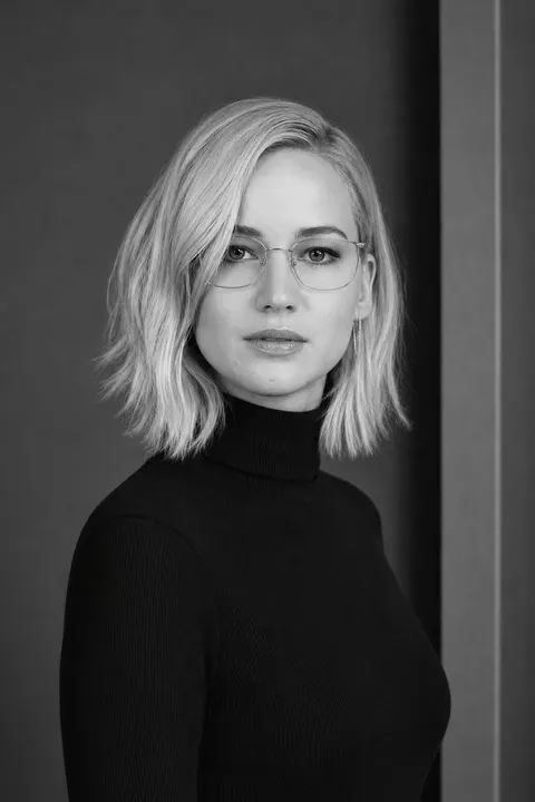 Jennifer Lawrence monochrome turtleneck portrait — variation 3, AI-generated