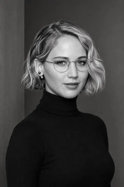 Jennifer Lawrence monochrome turtleneck portrait — variation 5, AI-generated
