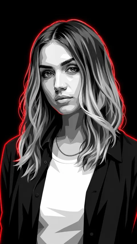 Ana de Armas — monochrome vector poster with red neon rim, AI artwork