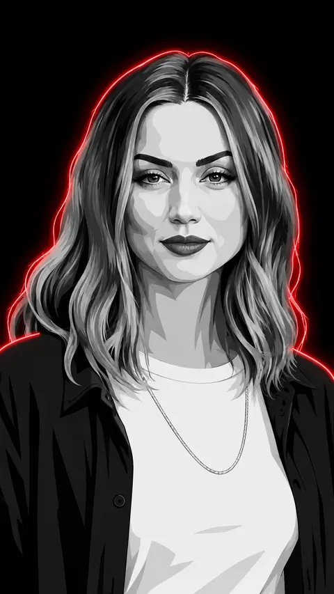 Ana de Armas monochrome vector poster, red neon rim — variation 2