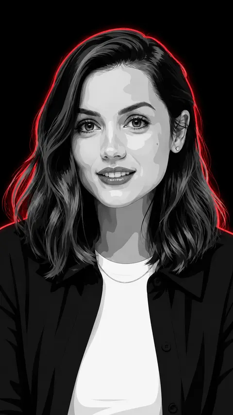 Ana de Armas monochrome vector poster, red neon rim — variation 3