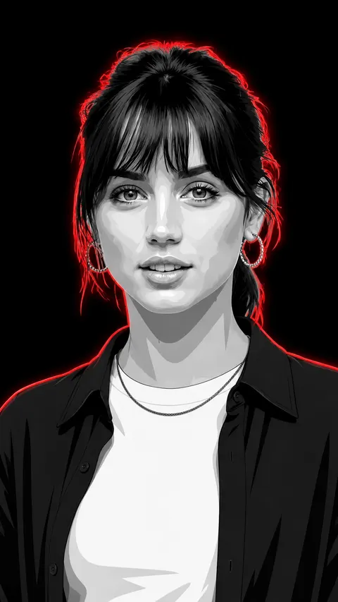 Ana de Armas monochrome vector poster, red neon rim — variation 5