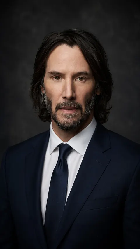 Keanu Reeves — navy suit on charcoal, AI-generated editorial portrait