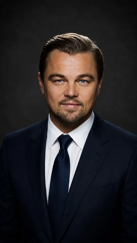 Leonardo DiCaprio — navy suit on charcoal, AI-generated editorial portrait