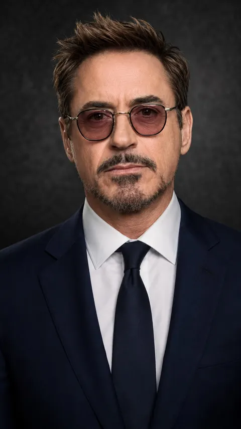 Robert Downey Jr — navy suit on charcoal, AI-generated editorial portrait