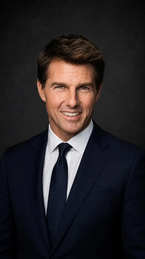Tom Cruise — navy suit on charcoal, AI-generated editorial portrait