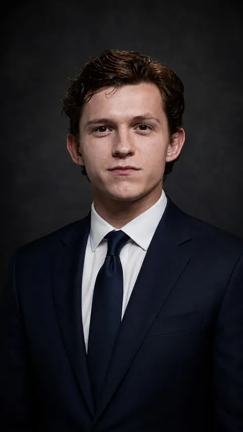 Tom Holland — navy suit on charcoal, AI-generated editorial portrait