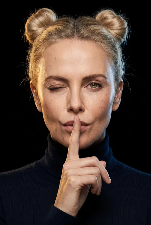 Charlize Theron — shh wink portrait with space buns, AI-generated