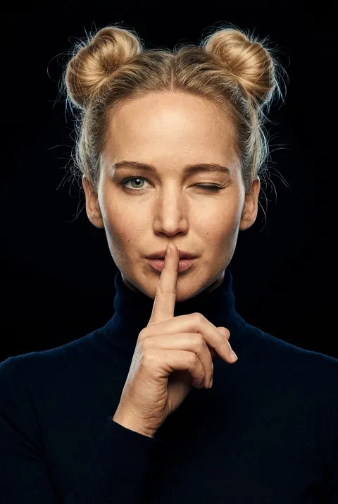Jennifer Lawrence — shh wink portrait with space buns, AI-generated